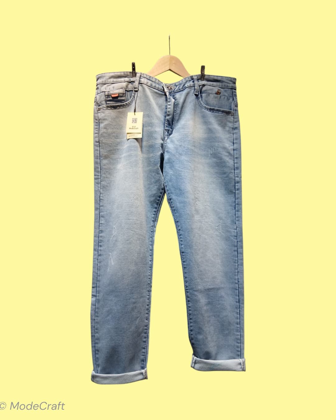 Washed light blue slim fit jeans for men with stretch denim