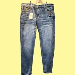 Embellished blue slim fit jeans for men with faded wash