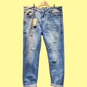 Ripped light blue slim fit jeans for men with faded wash