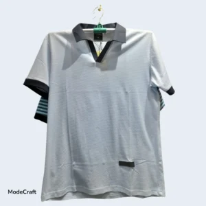 Light grey men’s textured polo T-shirt with black contrast collar