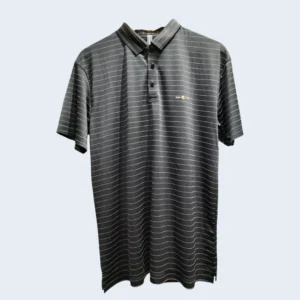 Charcoal grey men’s striped polo T-shirt with button placket