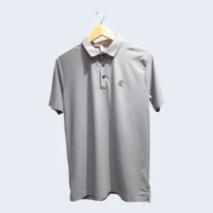 Light grey men’s solid polo T-shirt with button placket and chest logo