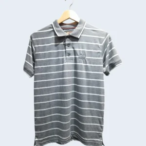Grey and white men’s striped polo T-shirt with button placket and chest logo