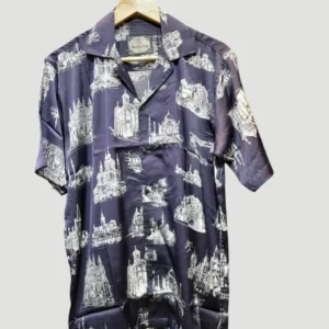 Navy blue men’s half sleeve shirt with white architectural sketch print on hanger