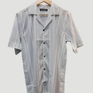 Light grey men’s half sleeve shirt with vertical textured stripes