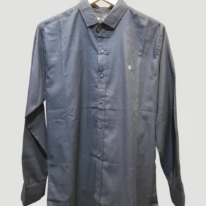 Navy blue men’s full sleeve formal shirt on hanger